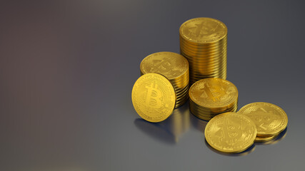 Stack of bitcoins with grey table background with a single coin facing the camera in sharp focus with shading on the icon letter B on the face of the bit coin. 3d illustration.