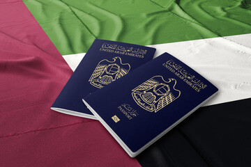 United Arab Emirates passport on the Emirates flag, Emirati nationality, Arab Gulf countries
