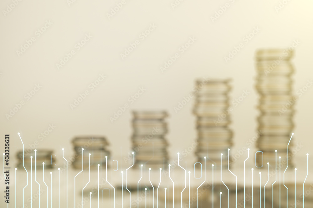 Poster double exposure of abstract virtual circuit hologram on growing stacks of coins background. research