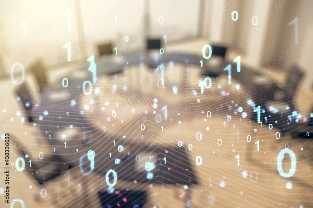 Poster abstract virtual binary code hologram on a modern coworking room background, ai and machine learning