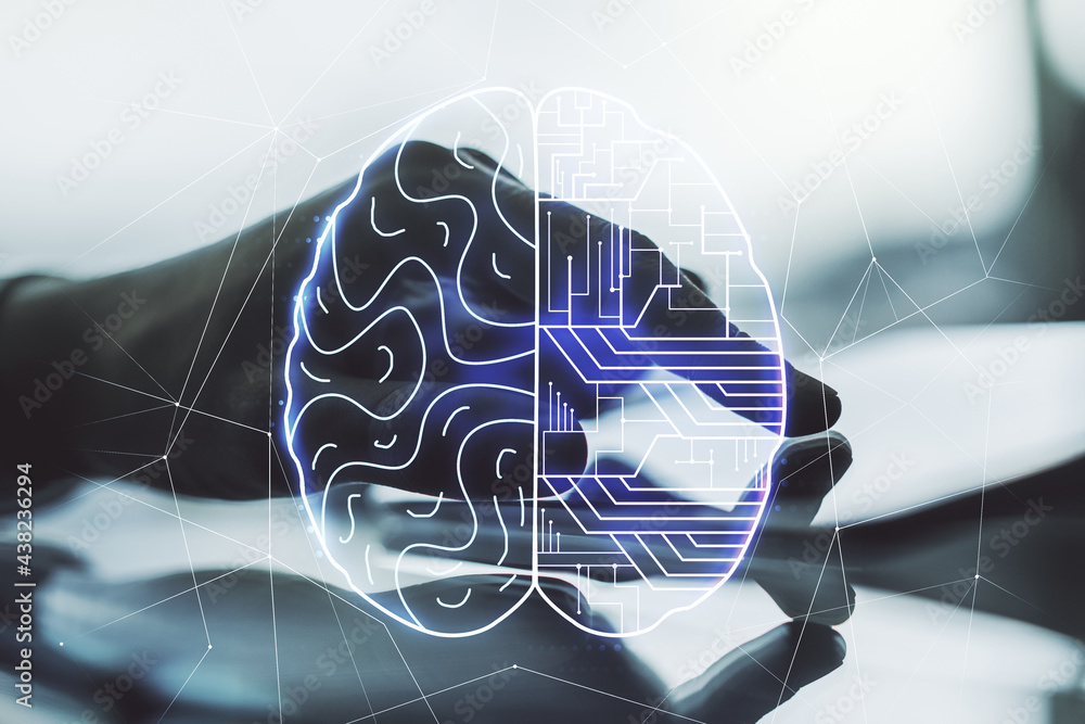Poster double exposure of creative artificial intelligence symbol with finger clicks on a digital tablet on