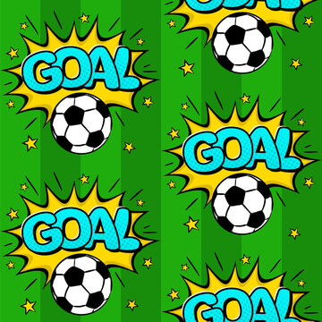 Seamless pattern with soccer ball and comic goal on a green field. Football balls in exploison and soccer striped grass field. Vector illustration for the design of sports posters, banners and design.