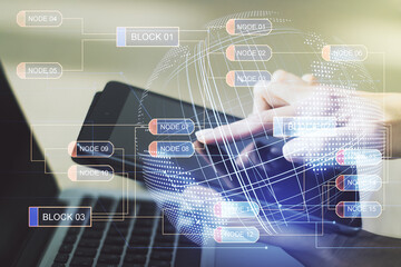 Multi exposure of abstract programming language hologram with world map and hand working with a digital tablet on background, artificial intelligence and neural networks concept
