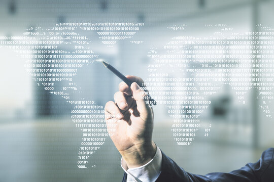 Man hand with pen working with abstract creative digital world map on blurred office background, globalization concept. Multiexposure - Powered by Adobe