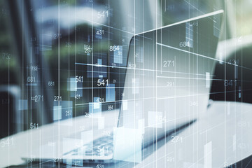 Double exposure of abstract creative statistics data hologram on computer background, analytics and forecasting concept