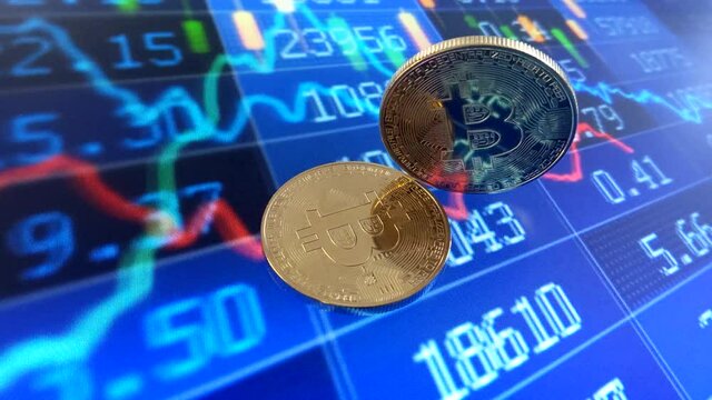 Bitcoins on an animated stock chart background in 4k