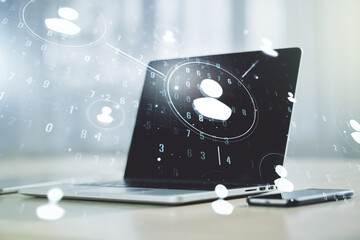 Social network concept with modern laptop on background. Multiexposure
