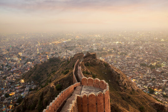 Aerial view of Jaipur from Nahargarh Fort at sunset, Rajasthan, India