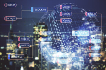 Double exposure of abstract programming language hologram and world map on blurry cityscape background, research and development concept