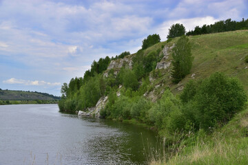 Outcrop of white gypsum rocks on the banks of the Sylva River near the village of Kashirino