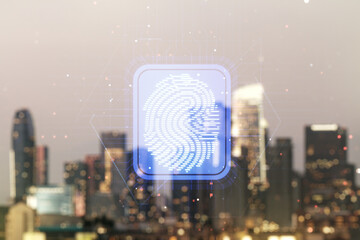 Abstract virtual fingerprint illustration on blurry skyscrapers background, personal biometric data concept. Multiexposure