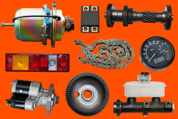 Auto spare parts car on the red background. Set with many isolated items for shop or aftermarket.
