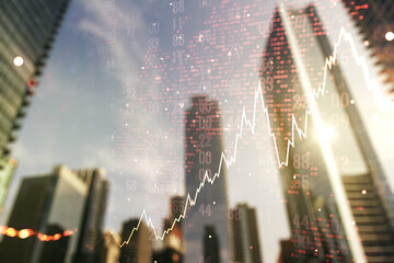 Multi exposure of abstract financial diagram with world map on office buildings background, banking and accounting concept