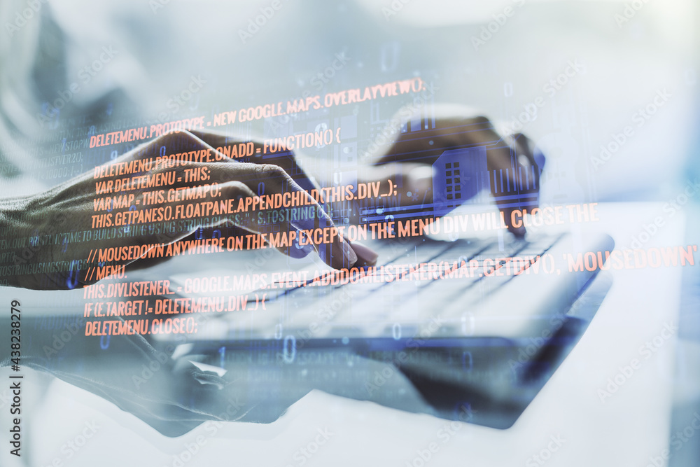 Poster double exposure of abstract programming language hologram with hands typing on laptop on background,