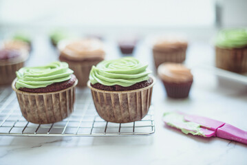 Chocolate cupcakes with mint and coffee buttercream icing on a cooling rack