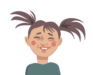 Happy laughing little girl, close-up portrait in cartoon style. Vector illustration