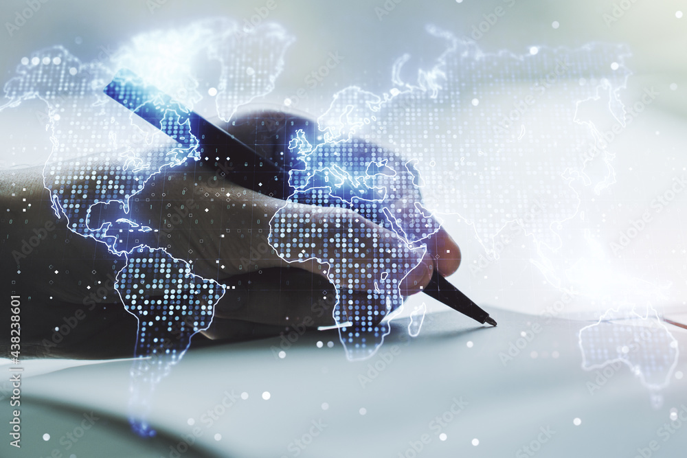 Poster multi exposure of abstract graphic world map and man hand writing in diary on background, big data a