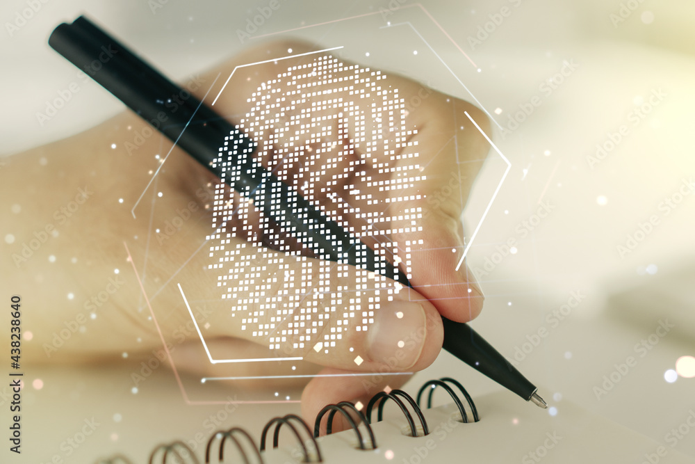 Poster multi exposure of abstract graphic fingerprint sketch with man hand writing in diary on background, 