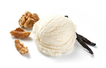 Scoop of vanilla ice cream with walnuts on white background. Ice cream with vanilla isolated. Ice cream for package design.