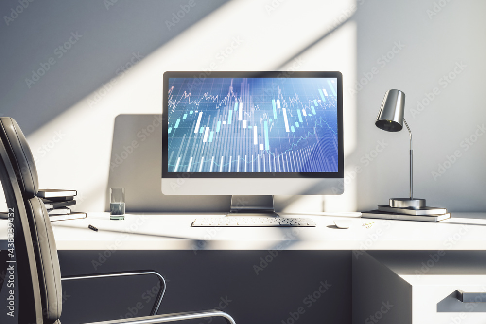 Poster modern computer screen with abstract financial diagram, banking and accounting concept. 3d rendering