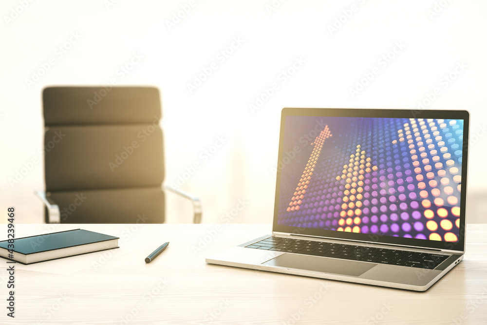 Poster modern computer monitor with creative abstract upward arrows hologram. ambition and challenge concep