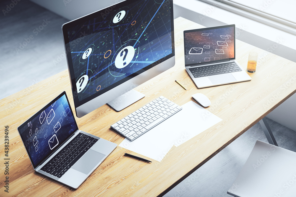 Poster creative abstract question mark sketch on modern laptop monitor, faq and research concept. 3d render
