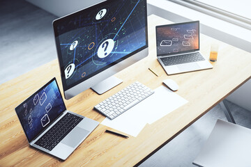 Creative abstract question mark sketch on modern laptop monitor, FAQ and research concept. 3D...