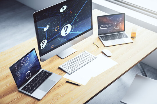 Creative abstract question mark sketch on modern laptop monitor, FAQ and research concept. 3D Rendering