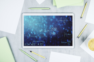 Modern digital tablet monitor with creative scientific formula illustration, research and development concept. Top view. 3D Rendering