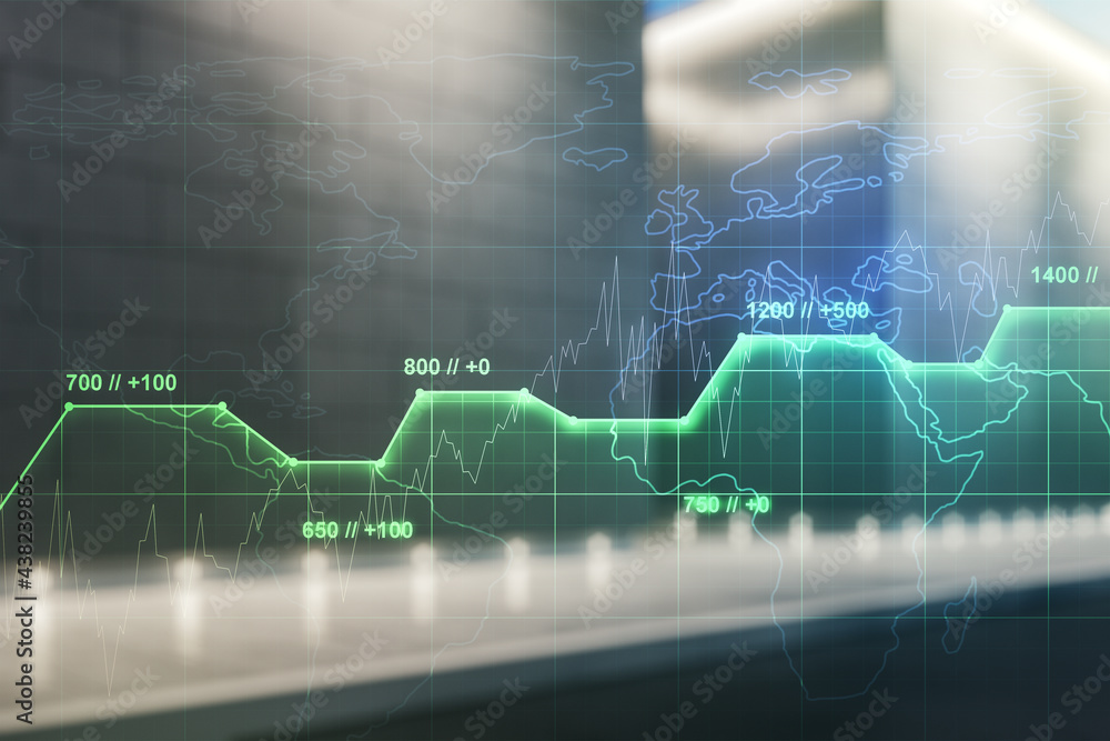 Poster multi exposure of stats data illustration on blurry modern office building background, computing and