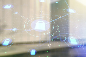 Obraz premium Double exposure of virtual creative lock hologram with chip on modern business center exterior background. Information security concept