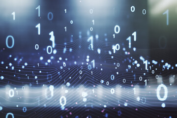 Fototapeta premium Abstract virtual binary code illustration on blurry modern office building background. Big data and coding concept. Multiexposure
