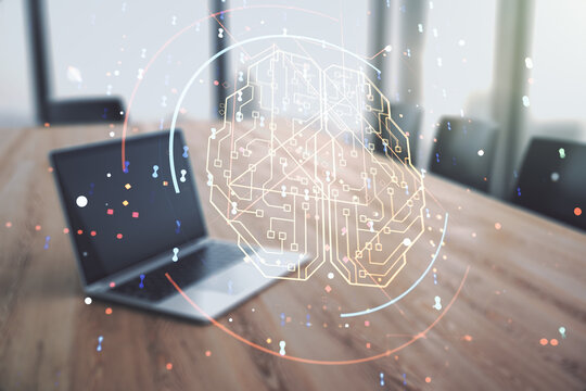 Creative artificial Intelligence concept with human brain sketch on modern computer background. Double exposure - Powered by Adobe