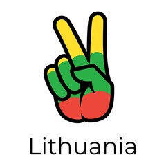 Lithuania flag in the form of a peace sign. Gesture V victory sign, patriotic sign, icon for apps, websites, T-shirts, souvenirs, etc., isolated on white background