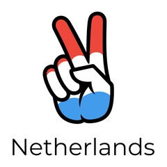 Netherlands flag in the form of a peace sign. Gesture V victory sign, patriotic sign, icon for apps, websites, T-shirts, souvenirs, etc., isolated on white background