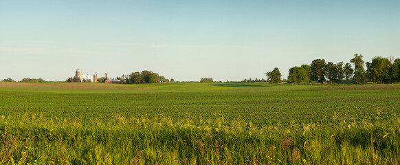 Panorama of a farm and fields on a sunny spring evening in Minnesota