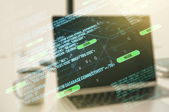 Multi exposure of abstract creative coding sketch on modern laptop background, artificial intelligence and neural networks concept