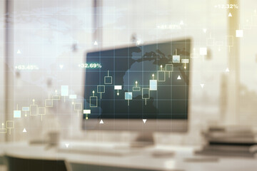 Multi exposure of abstract financial graph with world map on modern computer background, financial and trading concept