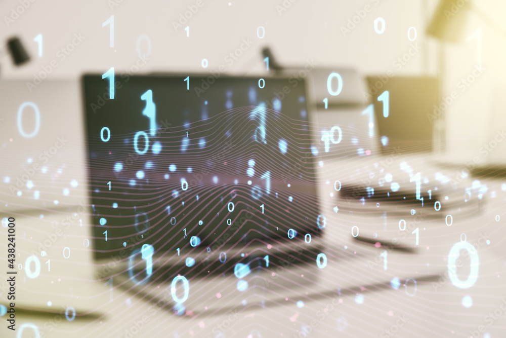 Poster creative abstract binary code hologram on modern computer background, ai and machine learning concep