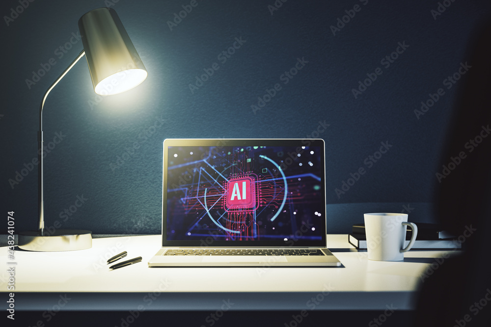 Poster computer monitor with creative artificial intelligence abbreviation. future technology and ai concep