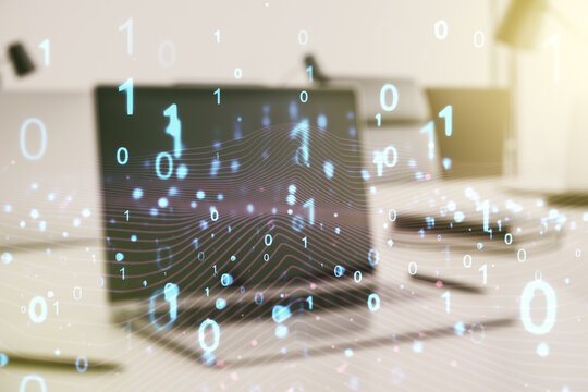 Creative abstract binary code hologram on modern computer background, AI and machine learning concept. Multiexposure