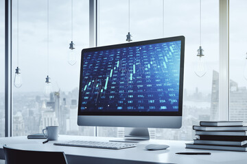 Fototapeta premium Modern computer monitor with abstract creative statistics data hologram, statistics and analytics concept. 3D Rendering