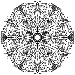 butterflies forming an abstract mandala with flowers for coloring on a white background, vector