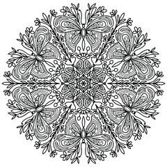 Obraz premium drawn abstract mandala with butterflies and flowers on a white background for coloring, vector