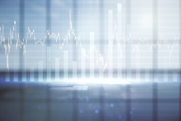 Multi exposure of virtual abstract financial graph interface on modern interior background, financial and trading concept