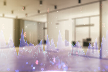 Multi exposure of abstract virtual graphic data spreadsheet sketch on a modern furnished classroom background, analytics and analysis concept