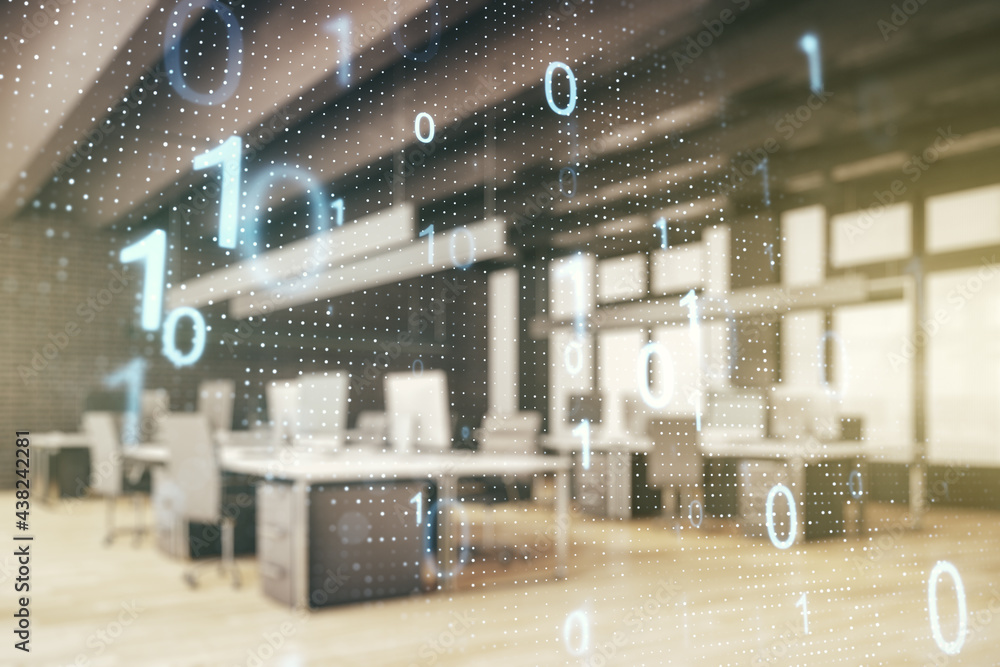 Poster abstract virtual binary code sketch on a modern furnished office interior background, hacking and ma