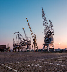 Old cranes in the older part of the Port of Antwerp.