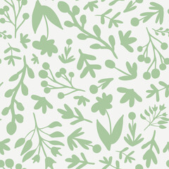 Sage green botany elements seamless repeat pattern. Random placed, abstract vector plants like flowers, leaves, branches, berries all over surface print on white background.