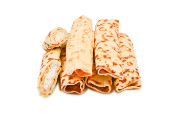 Pancakes with curd isolated on white background.